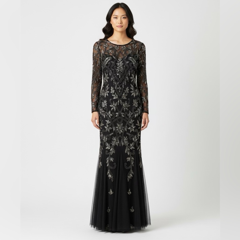 Adrianna Papell Beaded Black Evening Gown | Size 8 | Formal Maxi Dress
